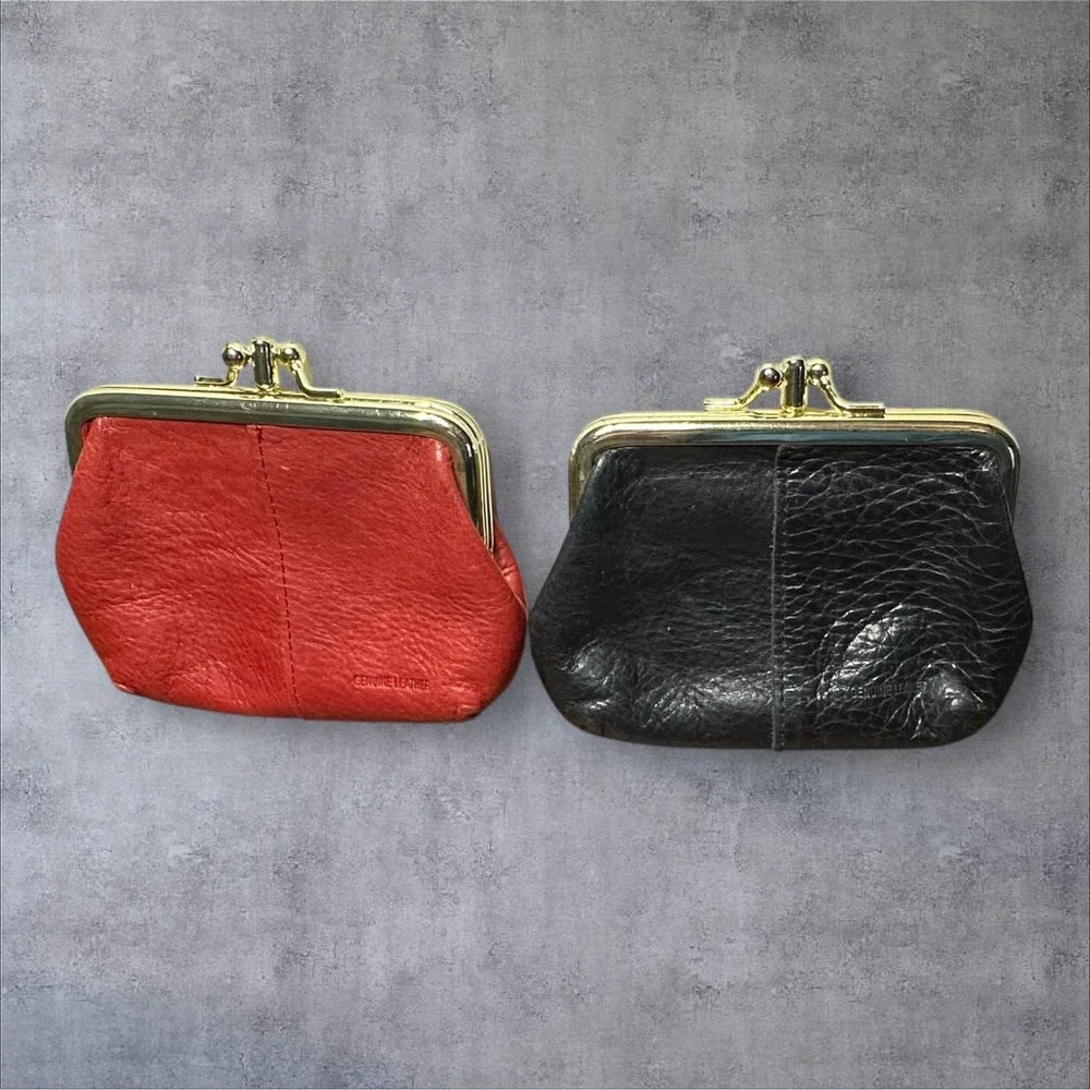 Set of 2 Genuine‎ Leather Coin Purse Small Red & Black Kiss Lock Pouch - Picture 2 of 7